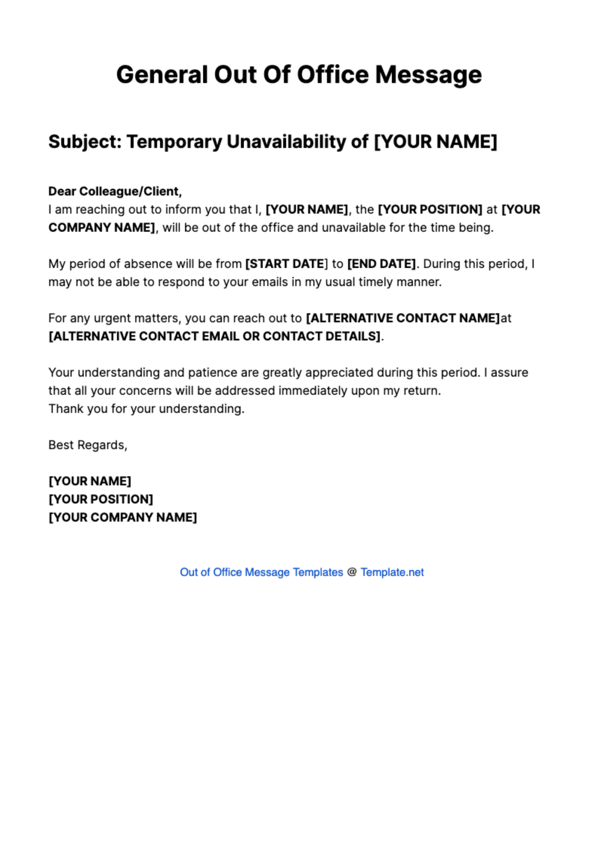 General Out Of Office Message Template