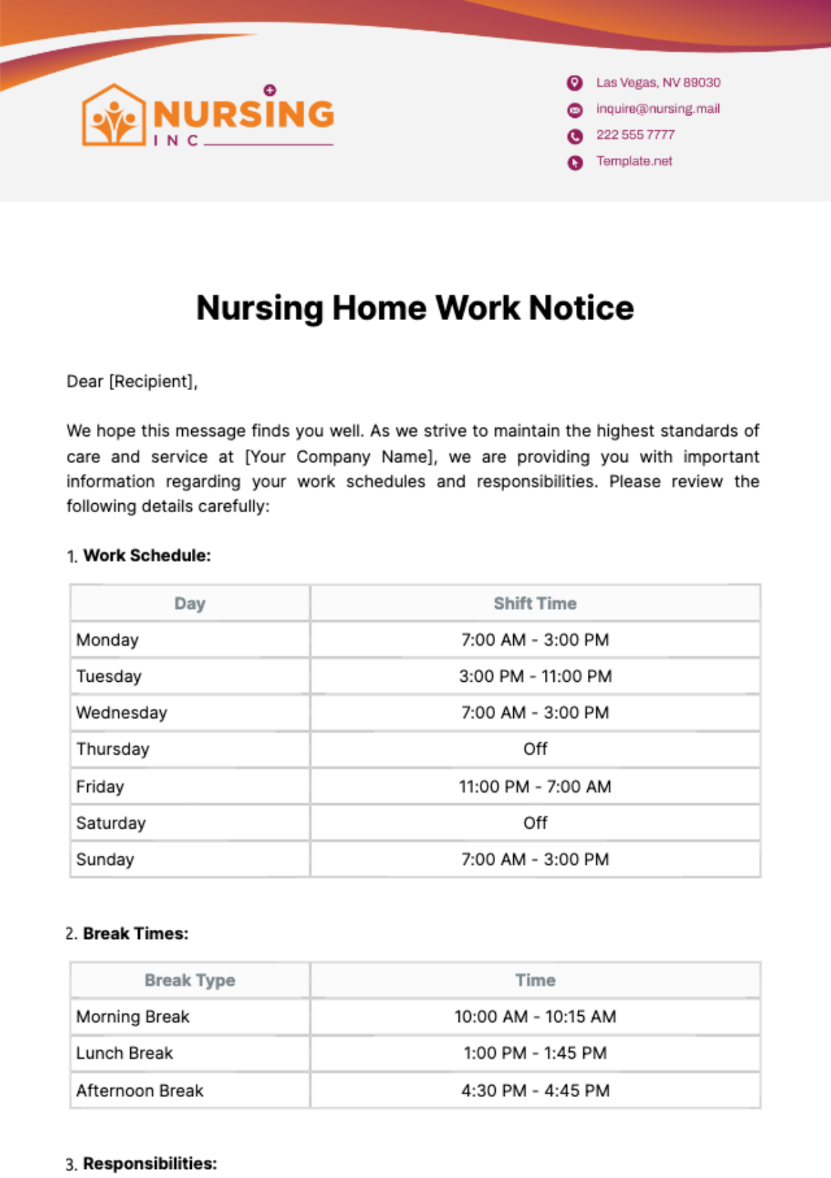 Nursing Home Work Notice Template