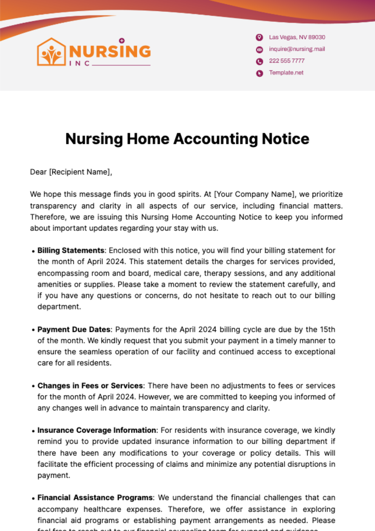 Nursing Home Accounting Notice Template