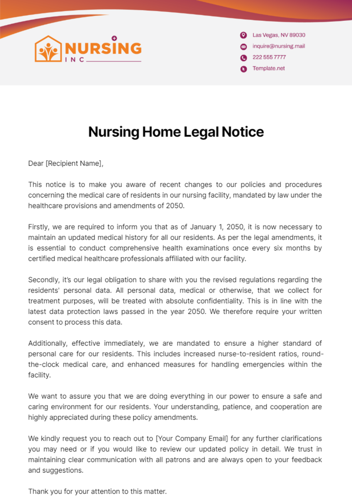 Nursing Home Legal Notice Template