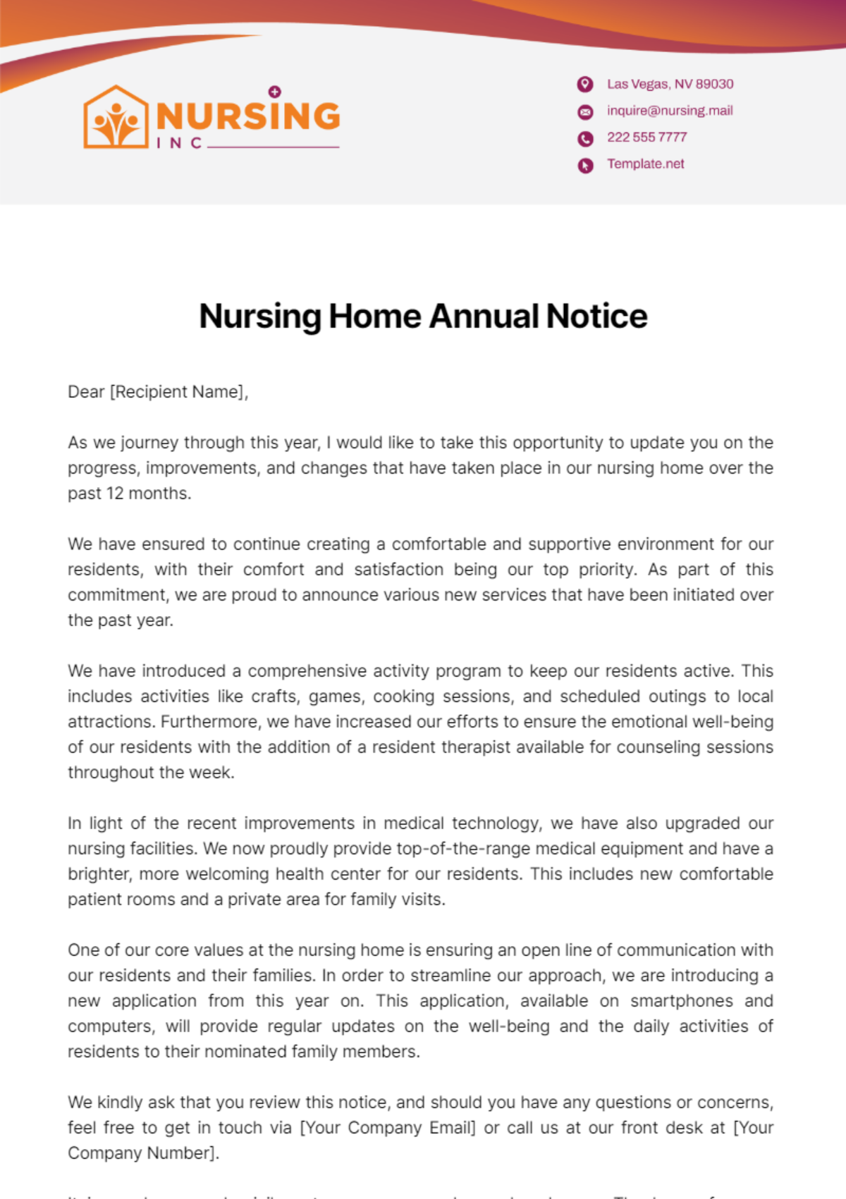 Nursing Home Annual Notice Template