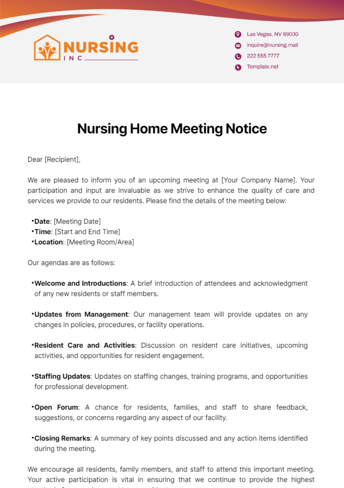 Nursing Home Meeting Notice Template