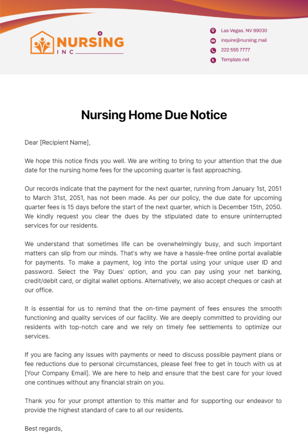 Nursing Home Due Notice Template
