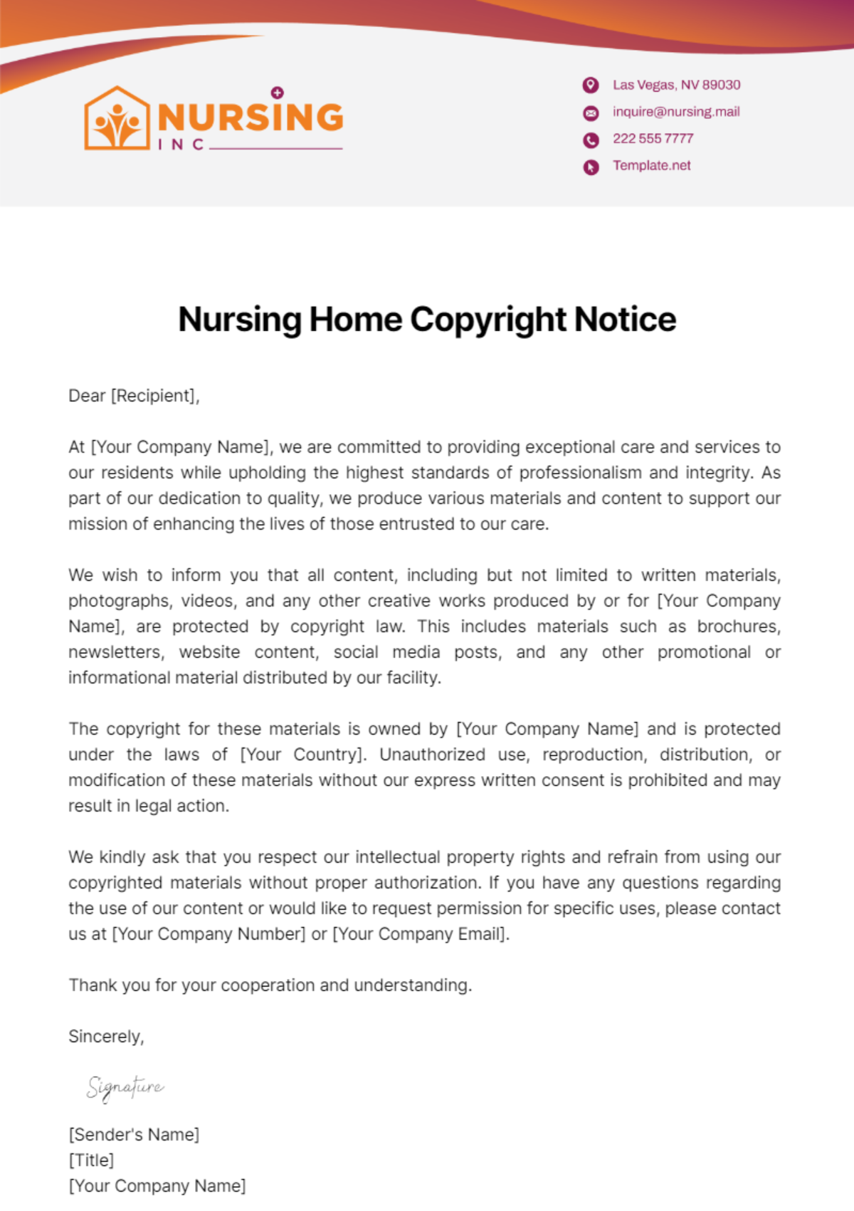 Nursing Home Copyright Notice Template