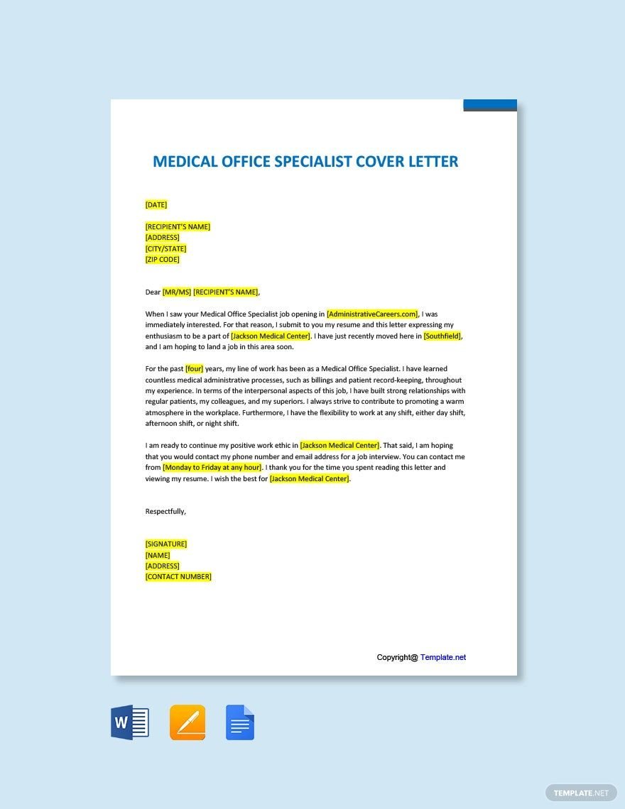 Free Medical Office Specialist Cover Letter Template
