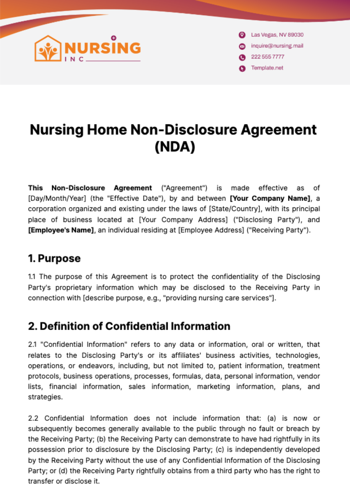 Nursing Home Non-Disclosure Agreement (NDA) Template