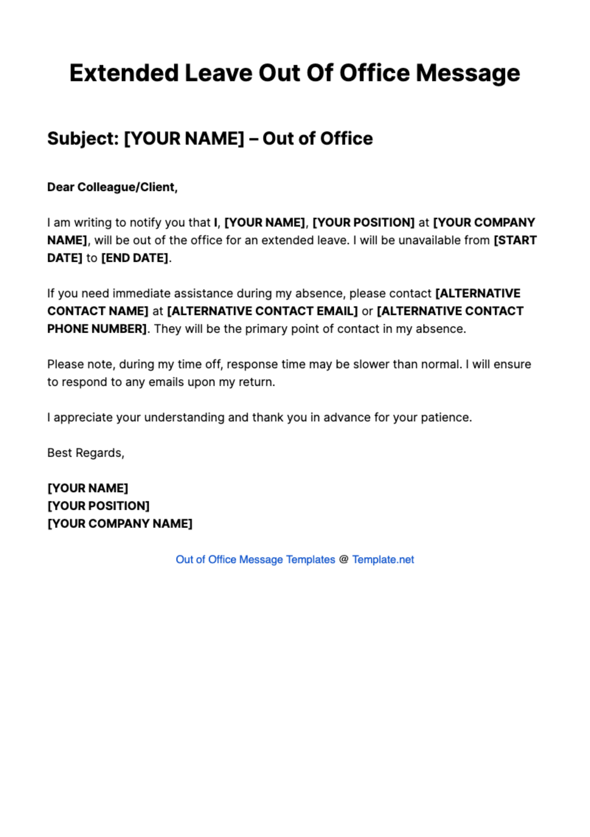 Extended Leave Out Of Office Message Template