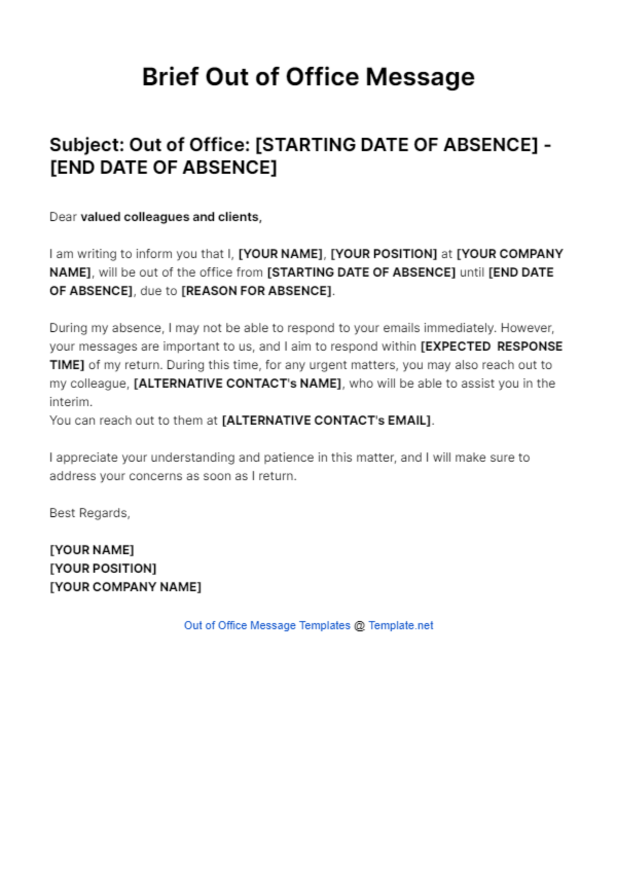Brief Out Of Office Message Template