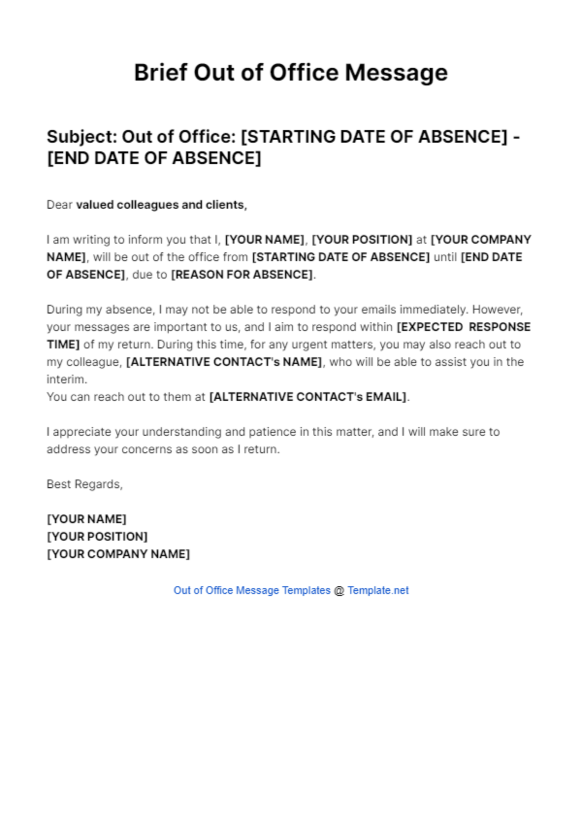 Brief Out Of Office Message Template - Edit Online & Download