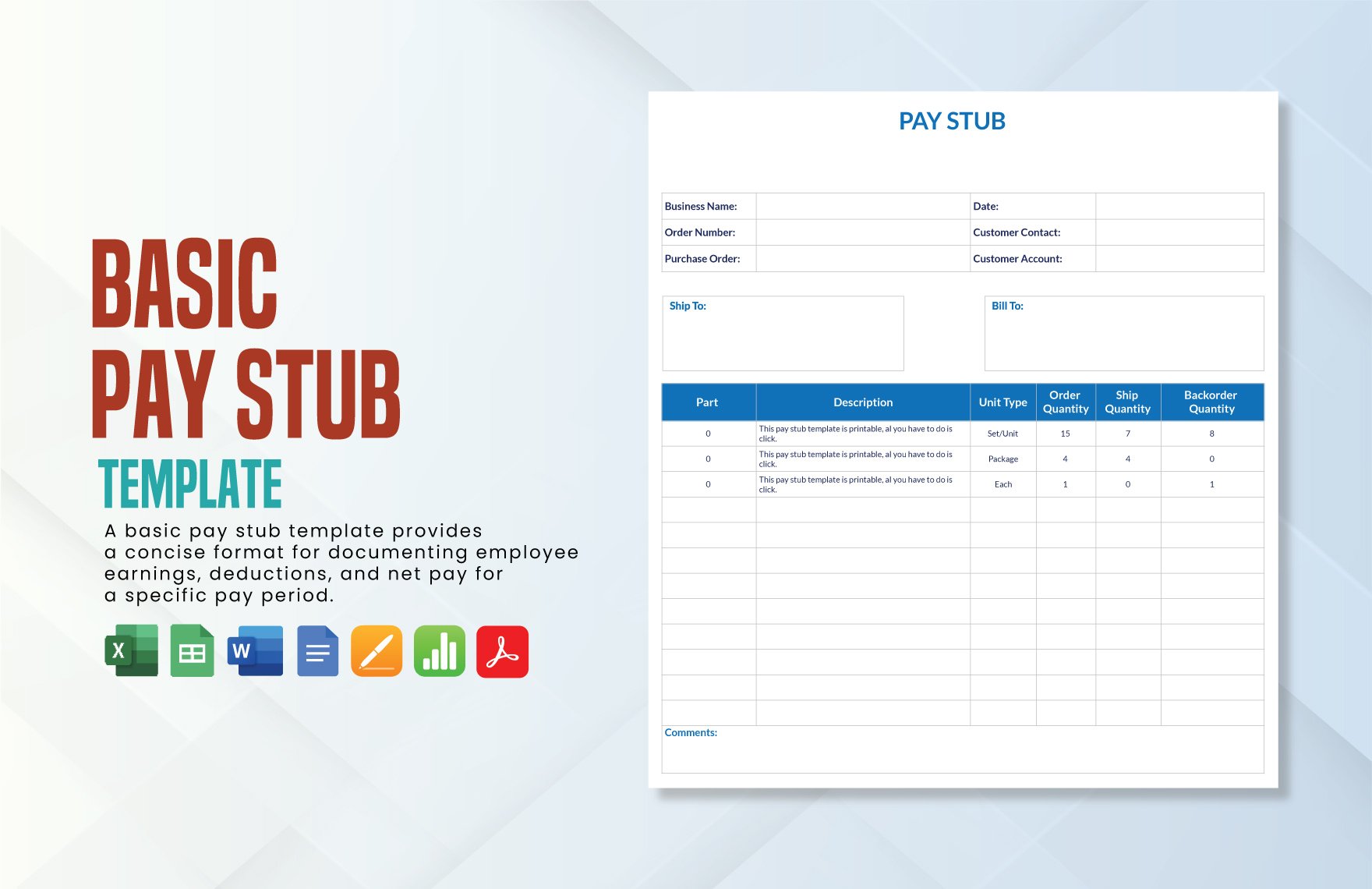 Basic Pay Stub Template in Word, Google Docs, Excel, PDF, Google Sheets, Apple Pages, Apple Numbers