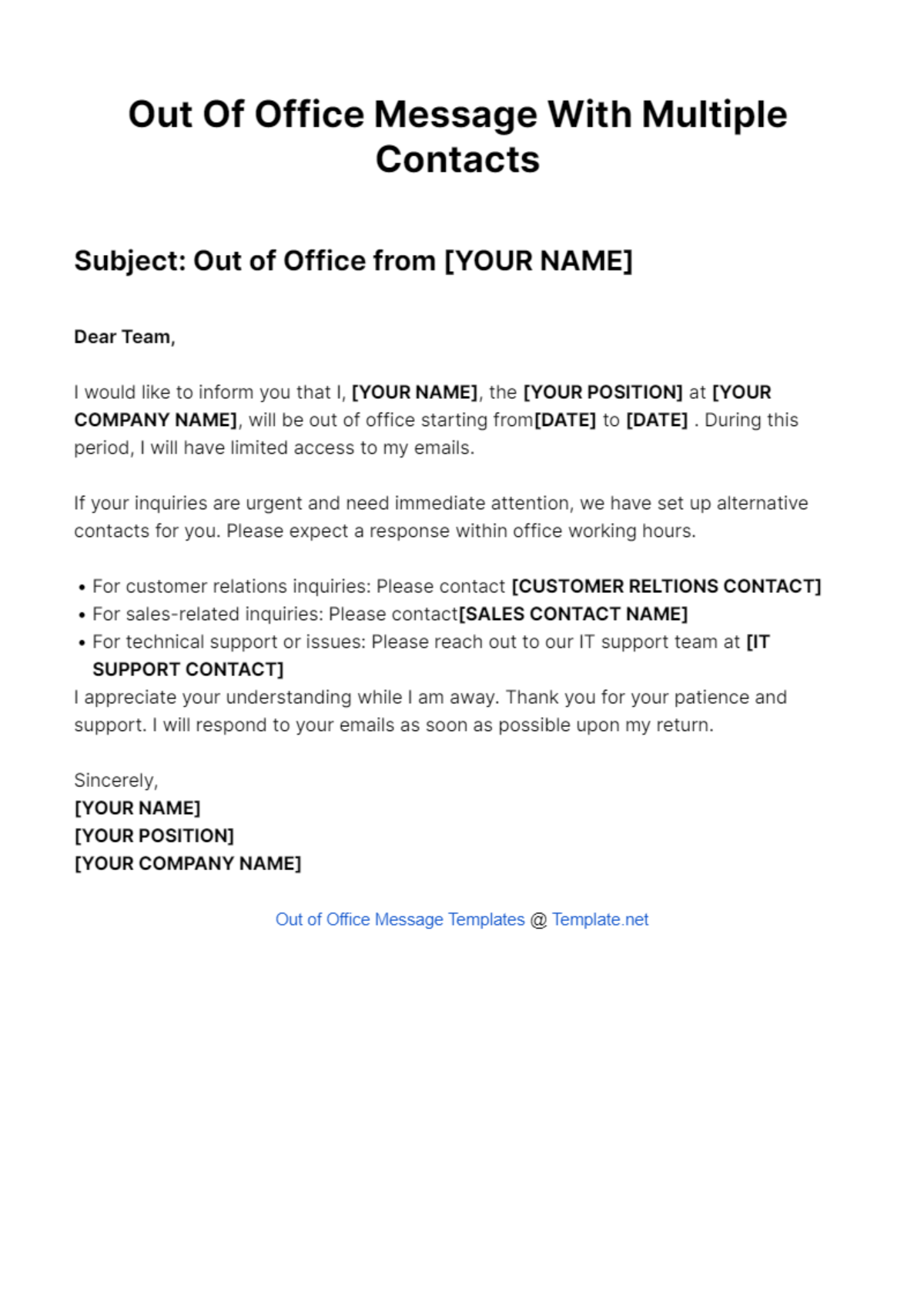 Out Of Office Message With Multiple Contacts Template