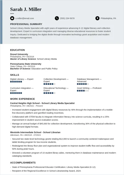 Free School Library Media Specialist ATS Resume Template