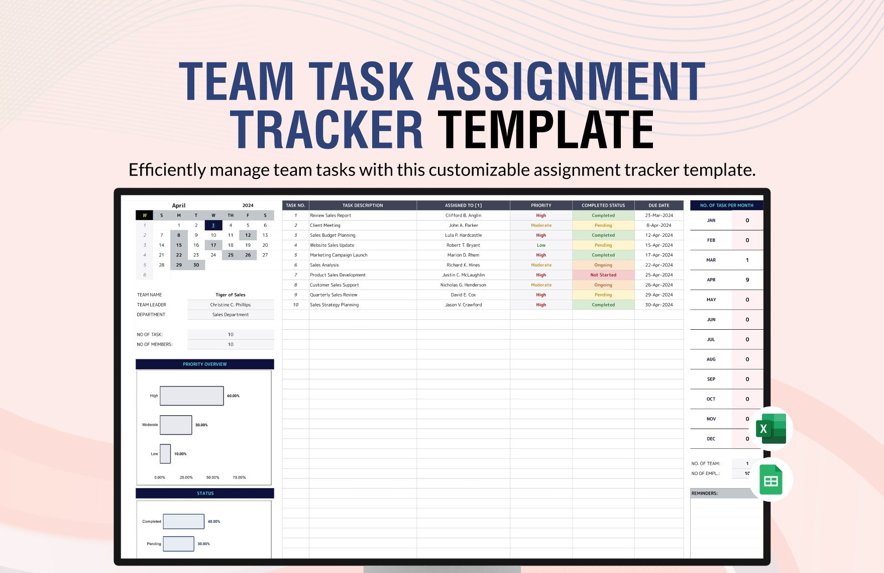 Team Task Assignment Tracker Template in Excel, Google Sheets