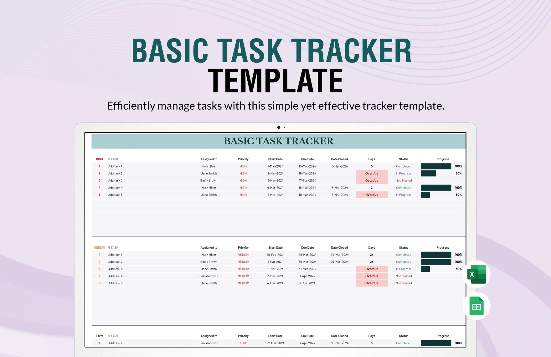 Basic Task Tracker Template in Excel, Google Sheets
