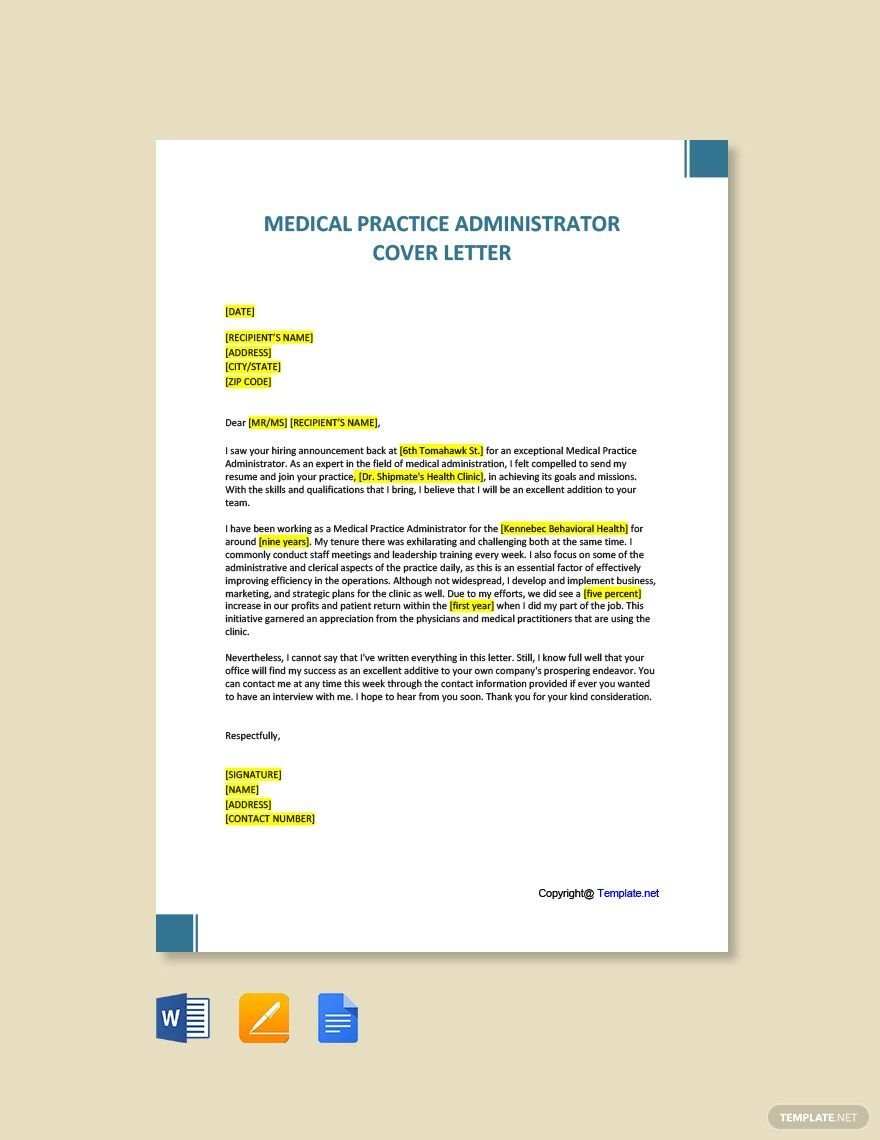 Free Medical Practice Administrator Cover Letter in Word, Google Docs, PDF, Apple Pages