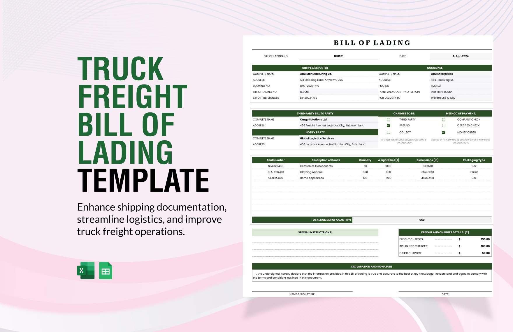 Truck Freight Bill of Lading Template in Excel, Google Sheets