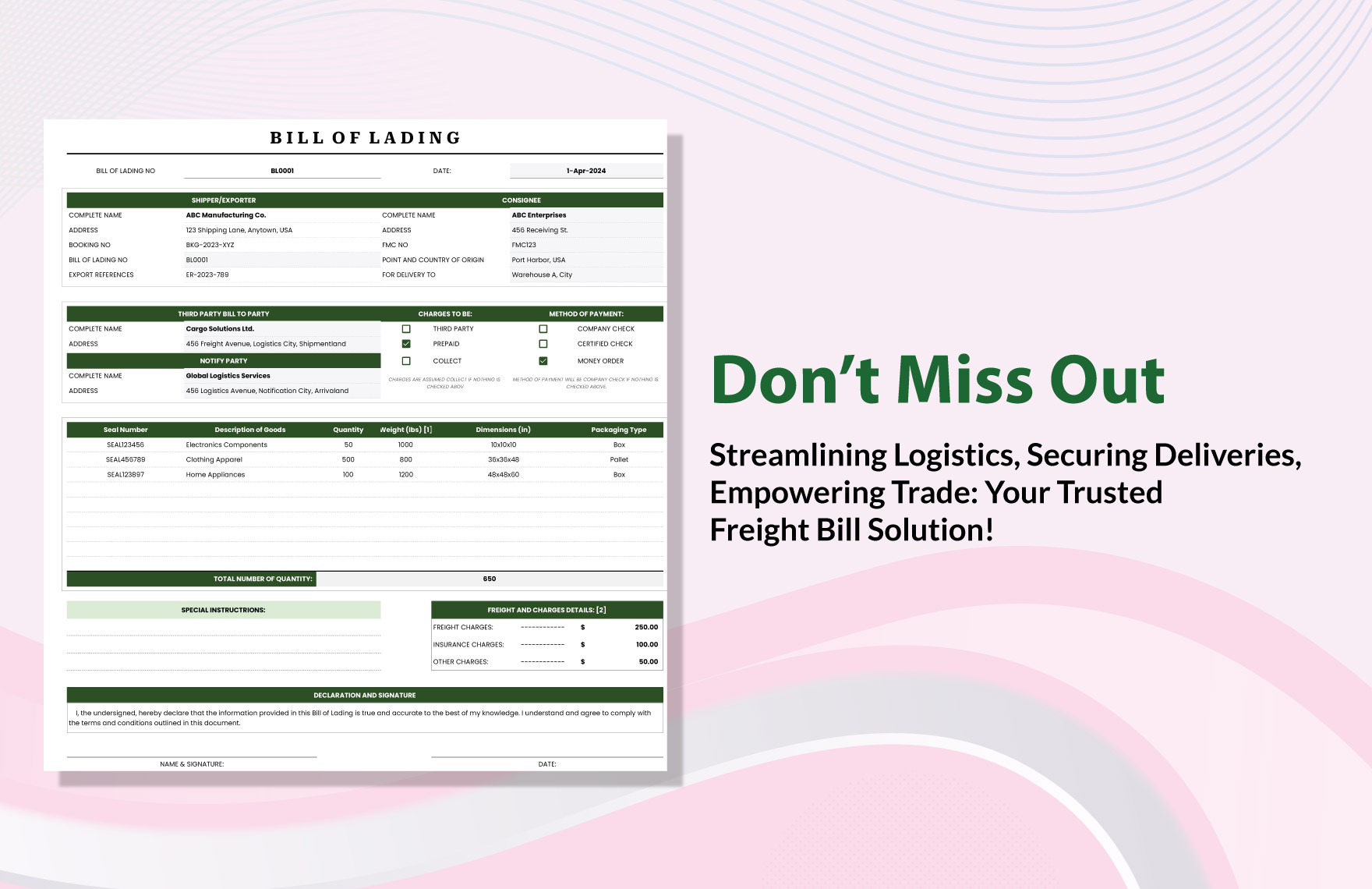 Truck Freight Bill of Lading Template