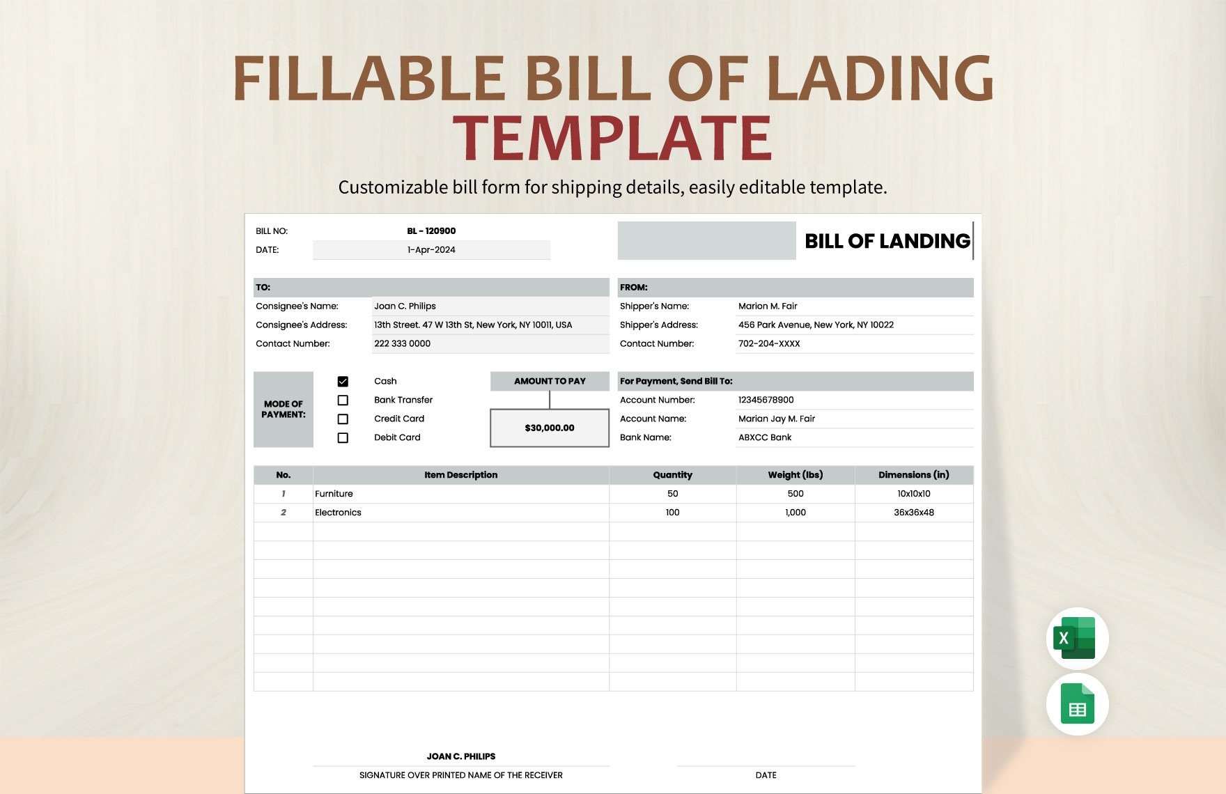 Fillable Bill of Lading Template in Excel, Google Sheets