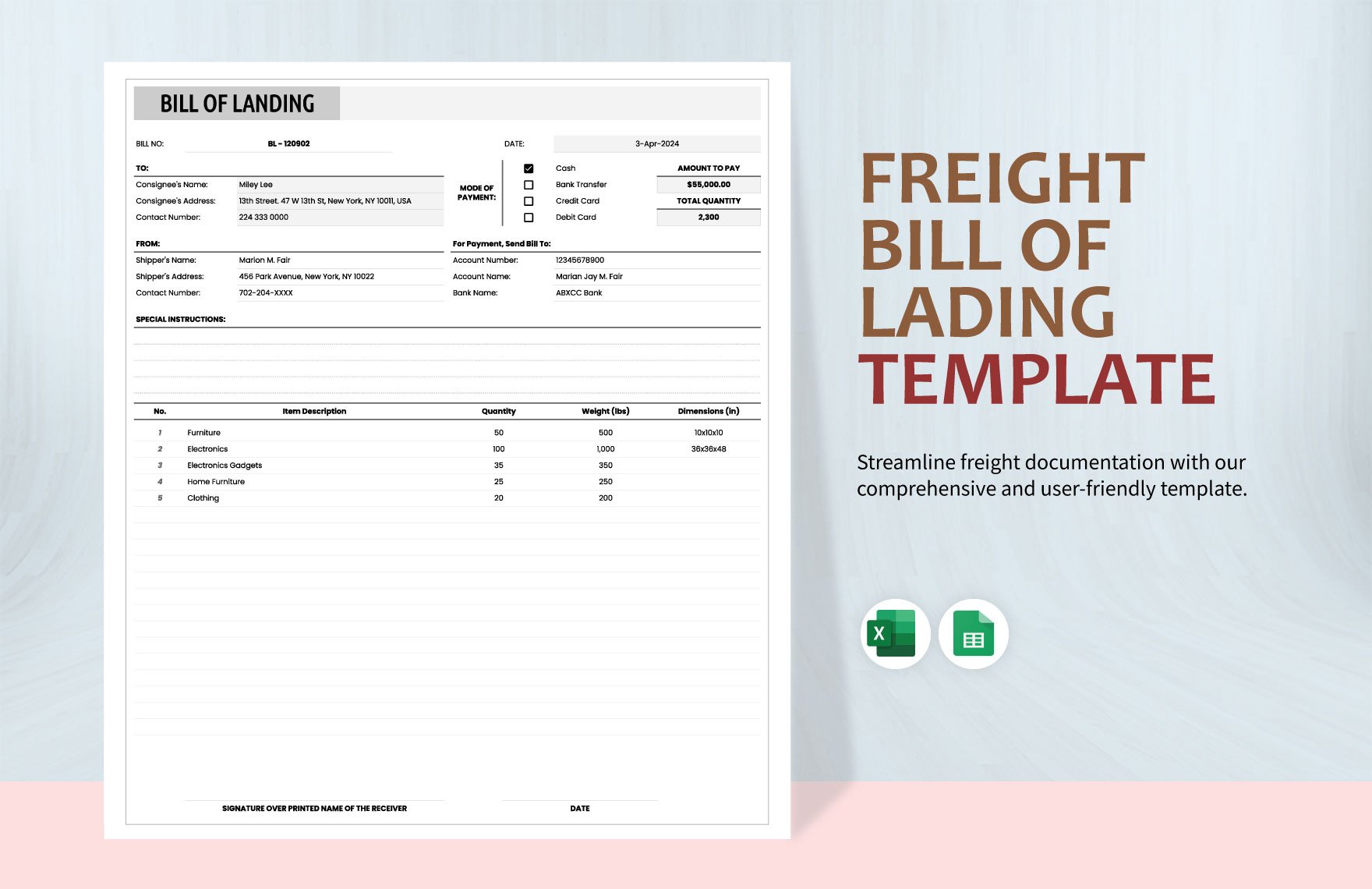 Freight Bill of Lading Template