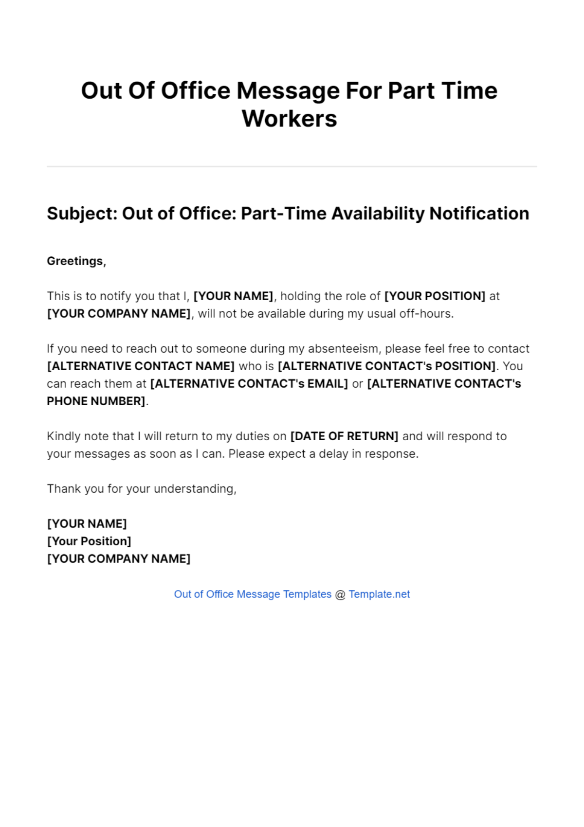 Out Of Office Message For Part Time Workers Template - Edit Online & Download