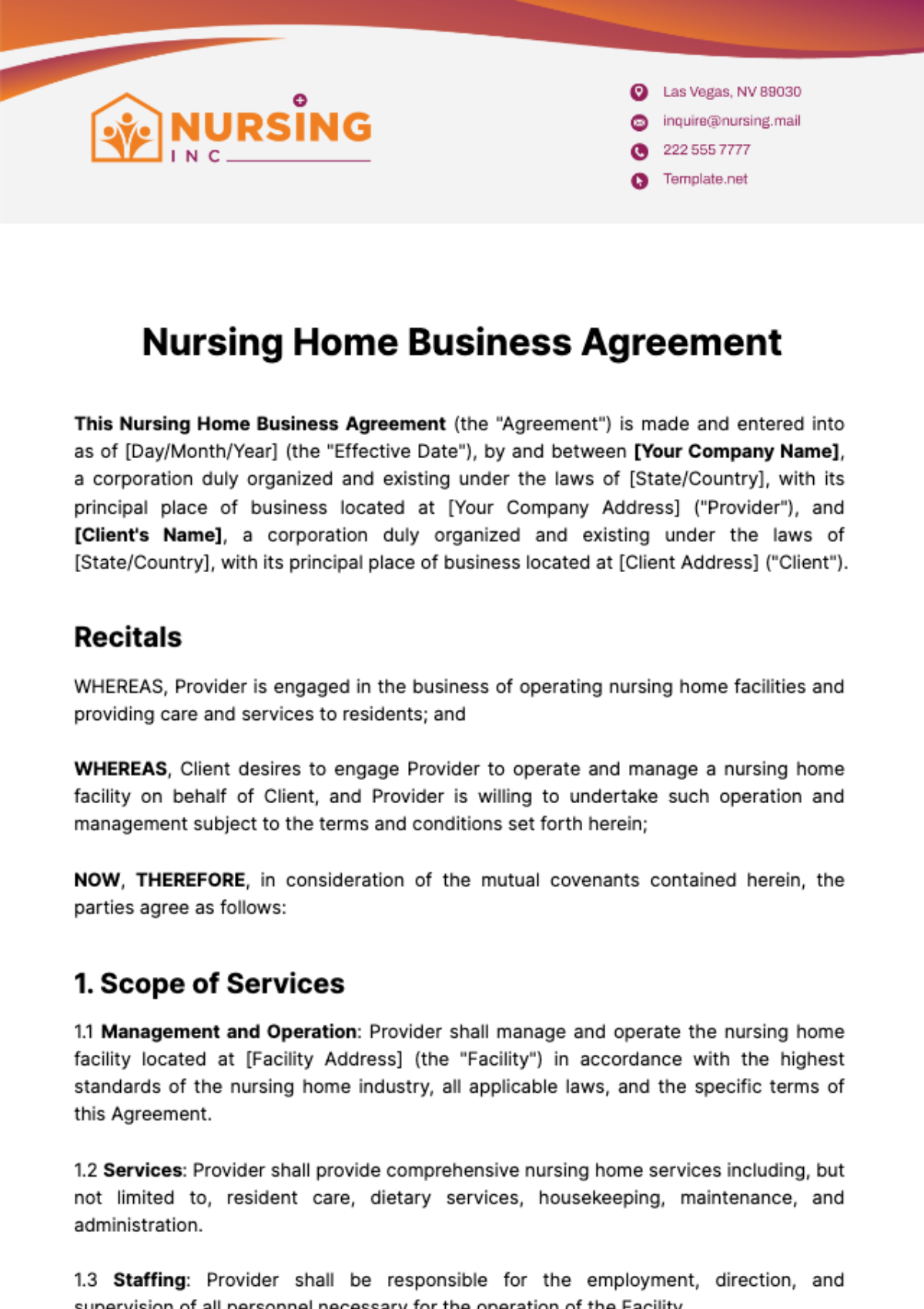 Nursing Home Business Agreement Template