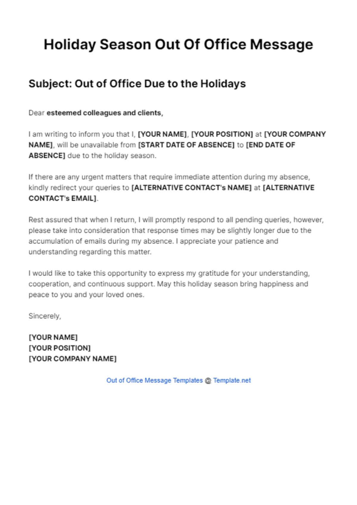 Holiday Season Out Of Office Message Template