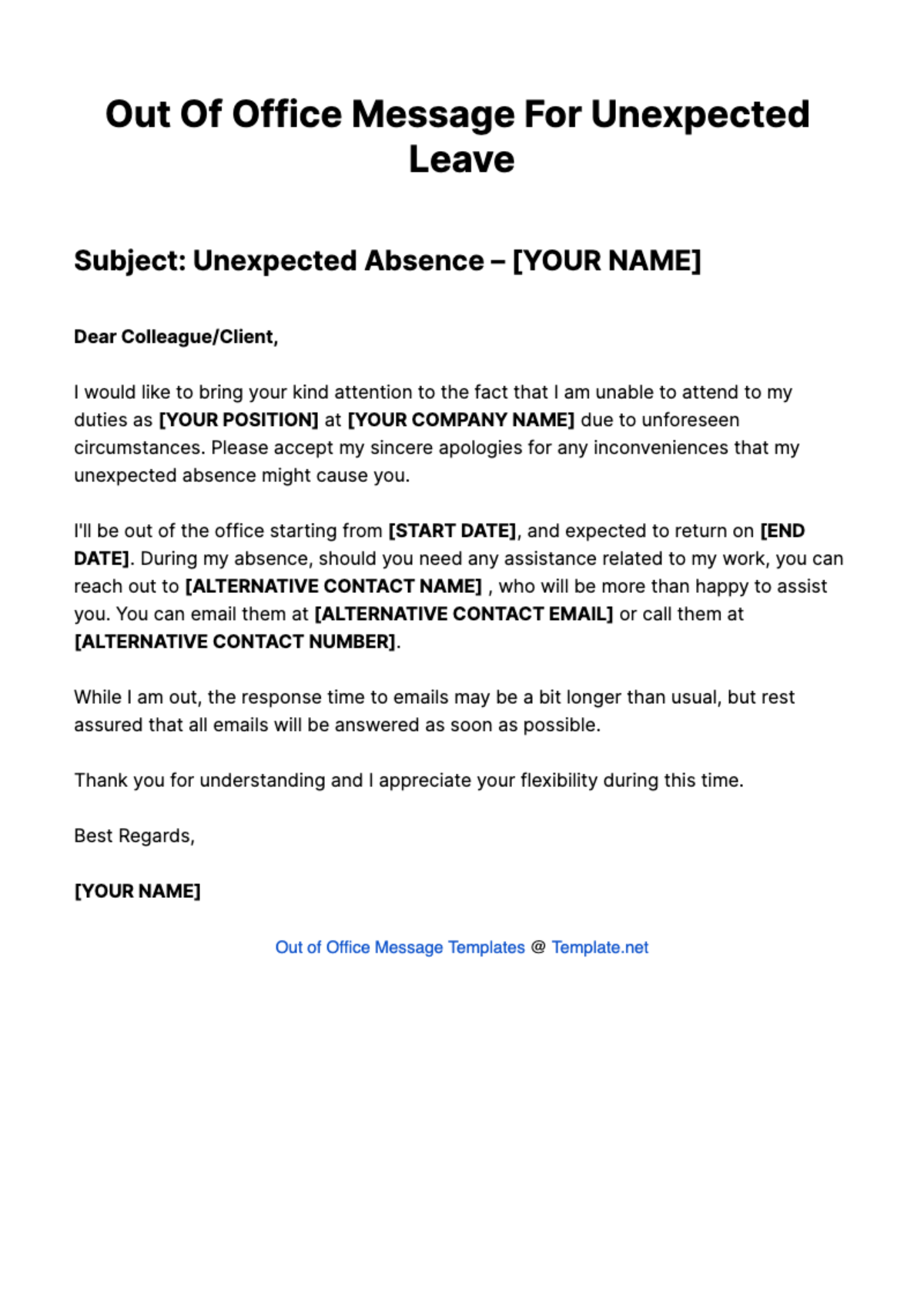 Out Of Office Message For Unexpected Leave Template
