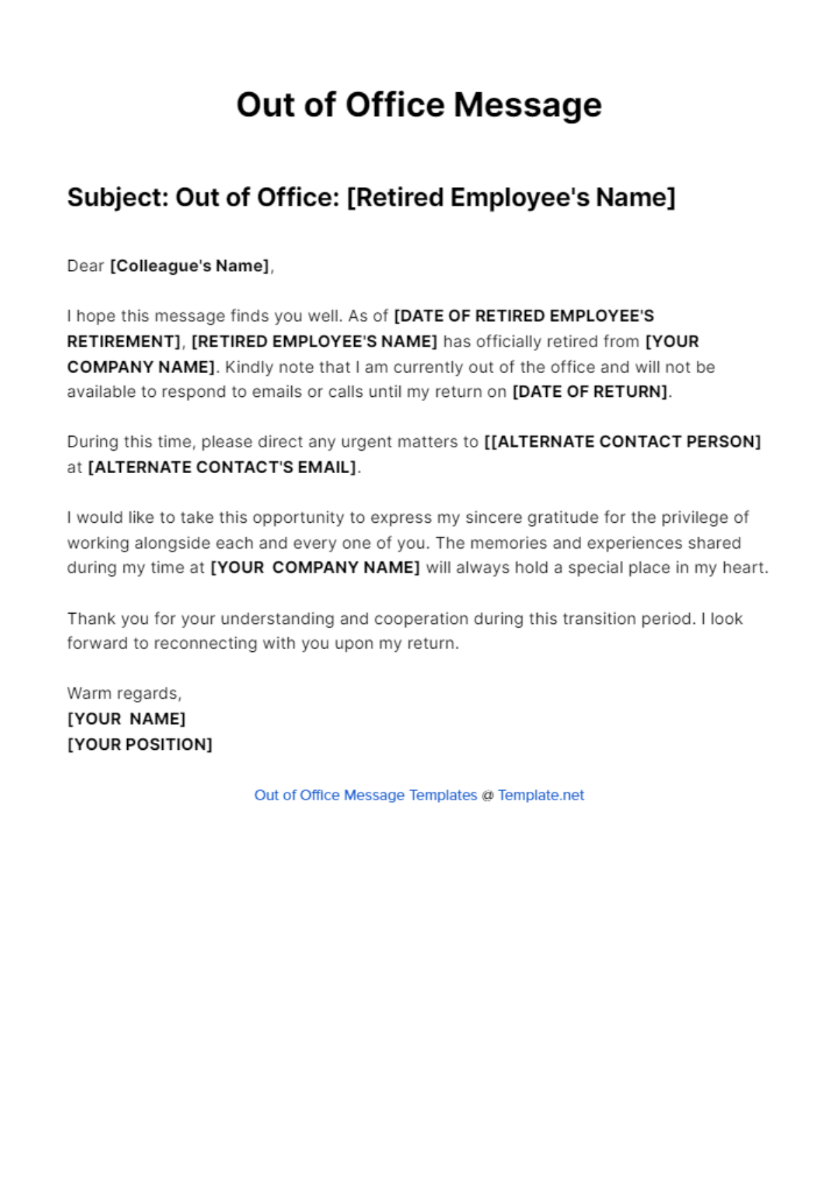 Out Of Office Message For Retired Employee Template