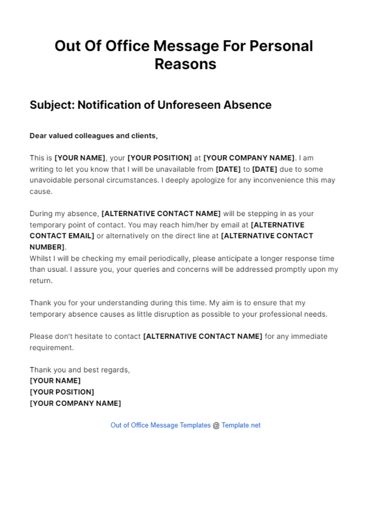 Out Of Office Message For Personal Reasons Template