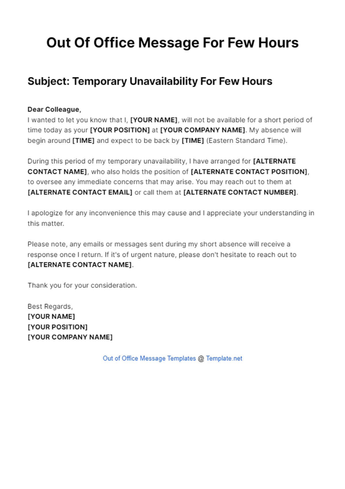 Out Of Office Message For Few Hours Template