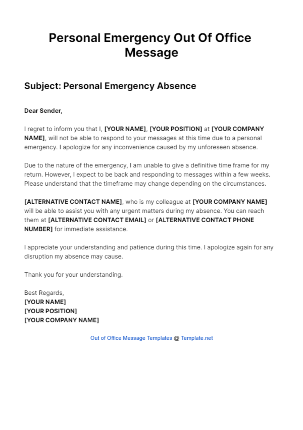 Personal Emergency Out Of Office Message Template