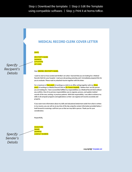 Free Medical Record Clerk Cover Letter Template - Google Docs, Word ...