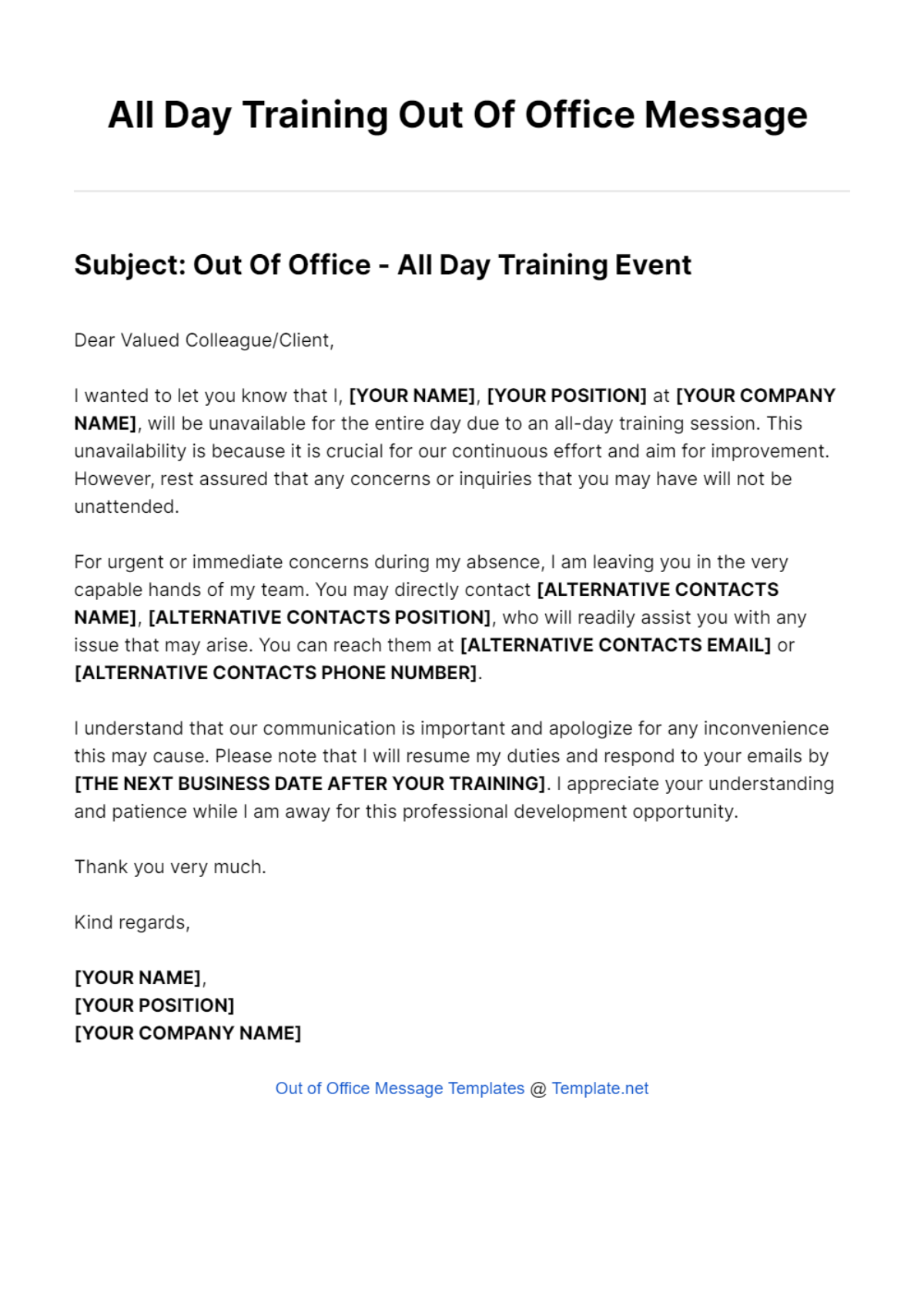 All Day Training Out Of Office Message Template