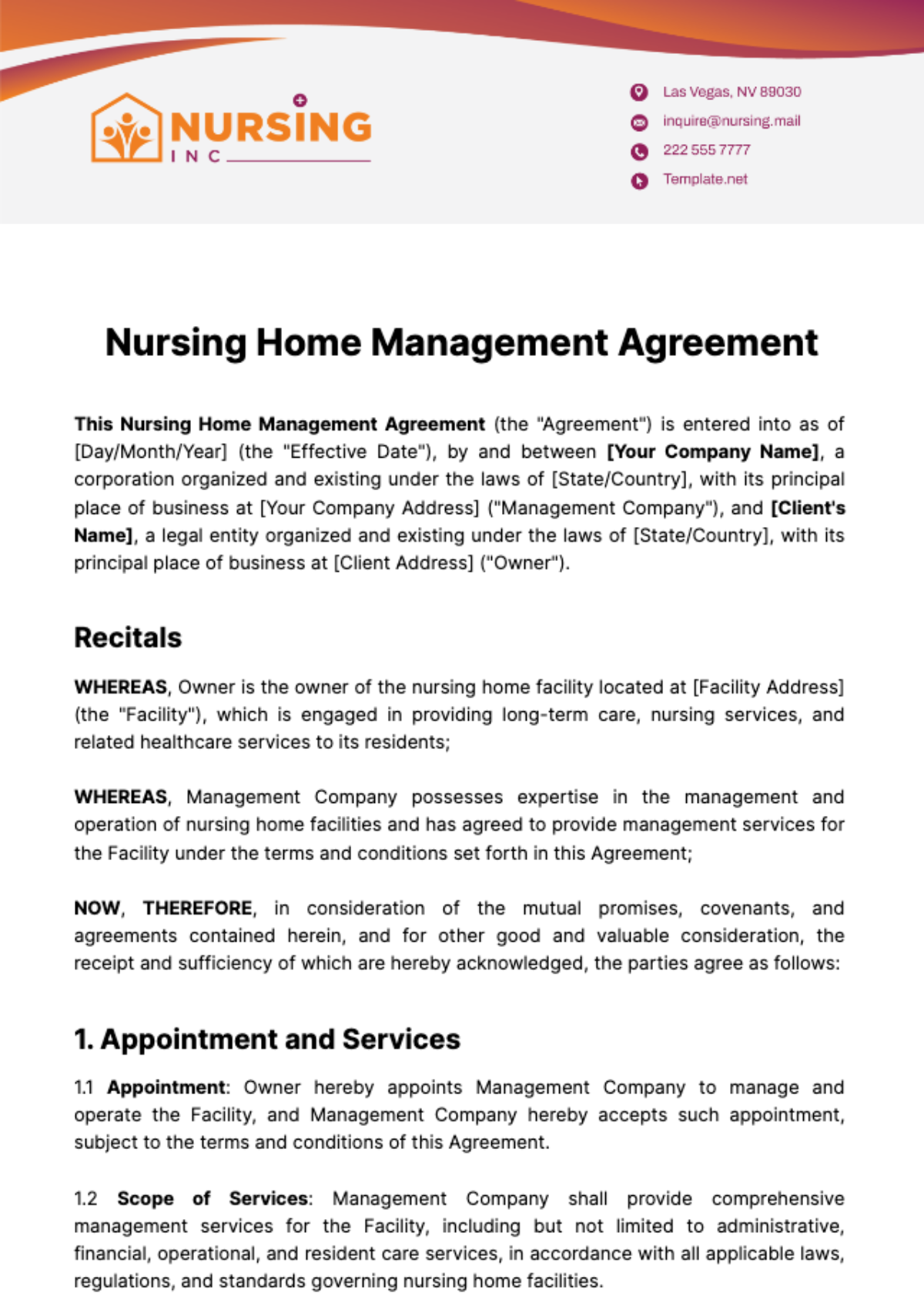 Nursing Home Management Agreement Template