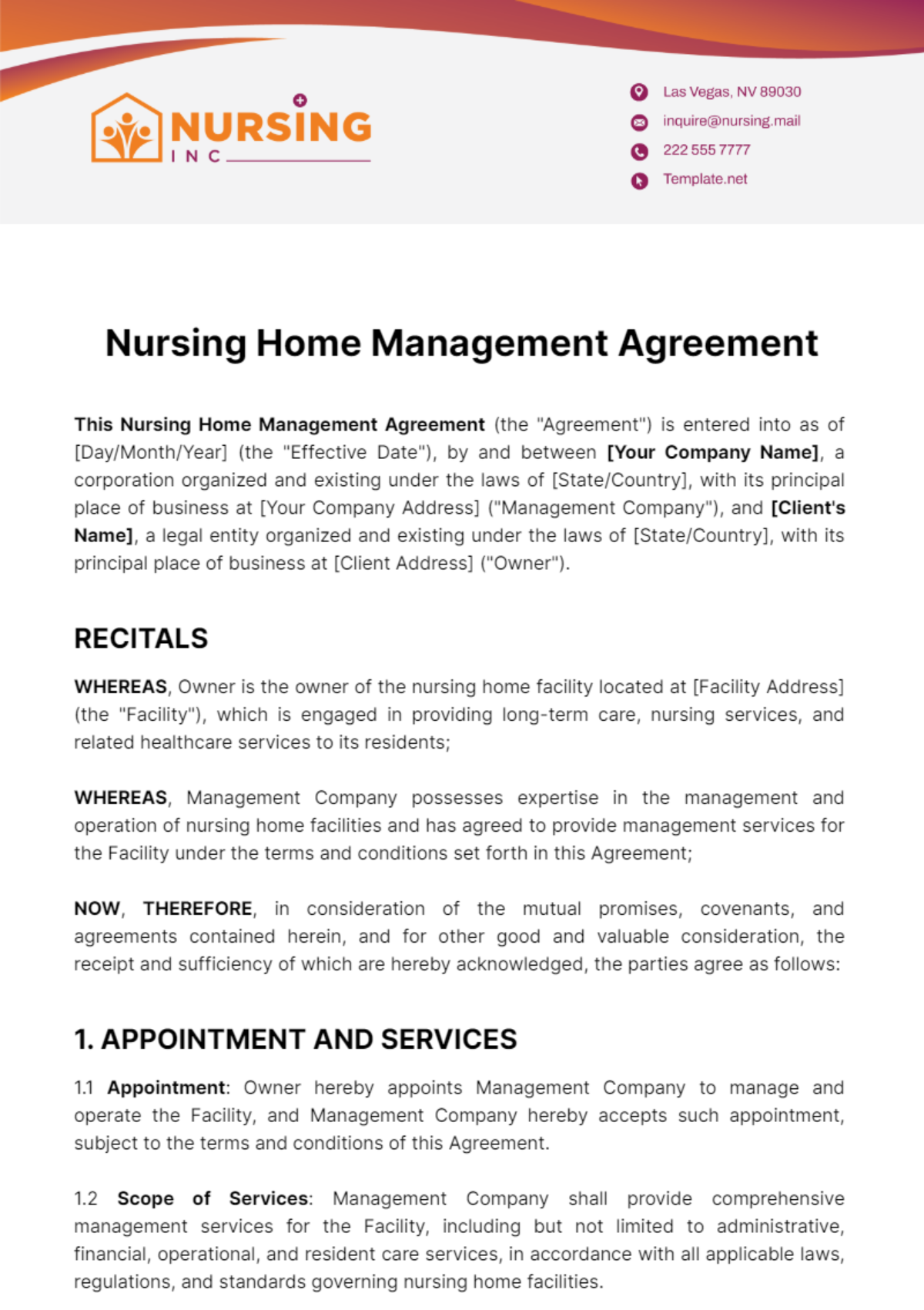 Nursing Home Management Agreement Template - Edit Online & Download ...