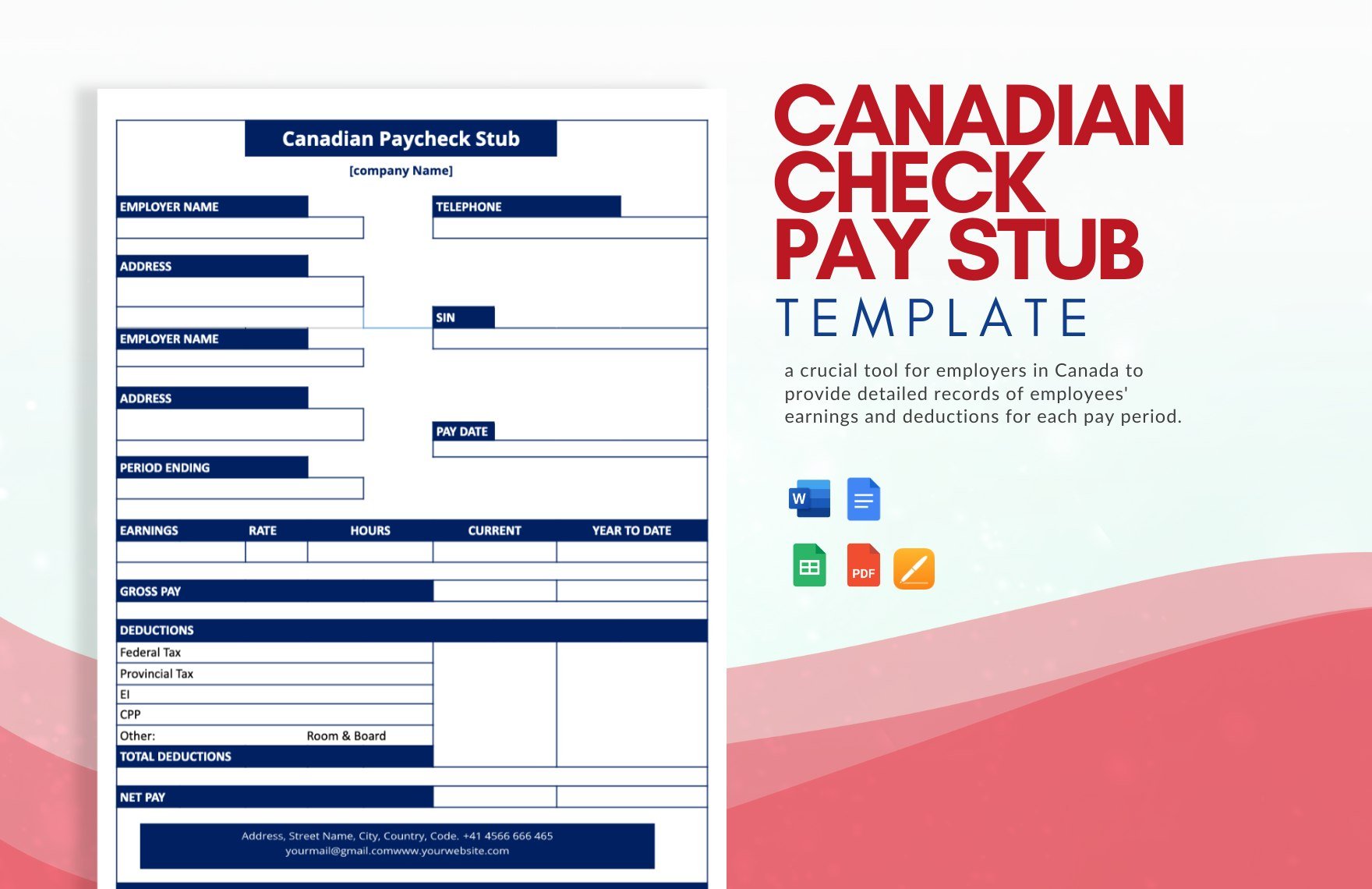 Canadian Check Pay Stub Template in Word, Google Docs, PDF, Google Sheets, Apple Pages
