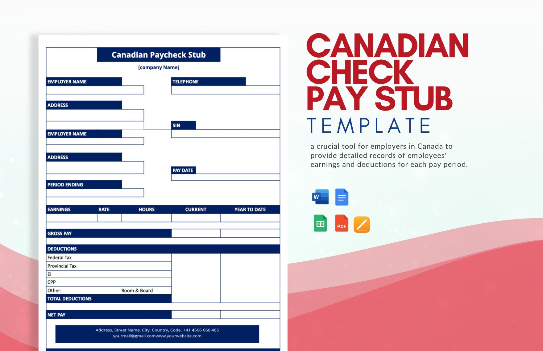 Canadian Check Pay Stub Template in Google Sheets, Google Docs, Word, Apple Pages, PDF - Download | Template.net