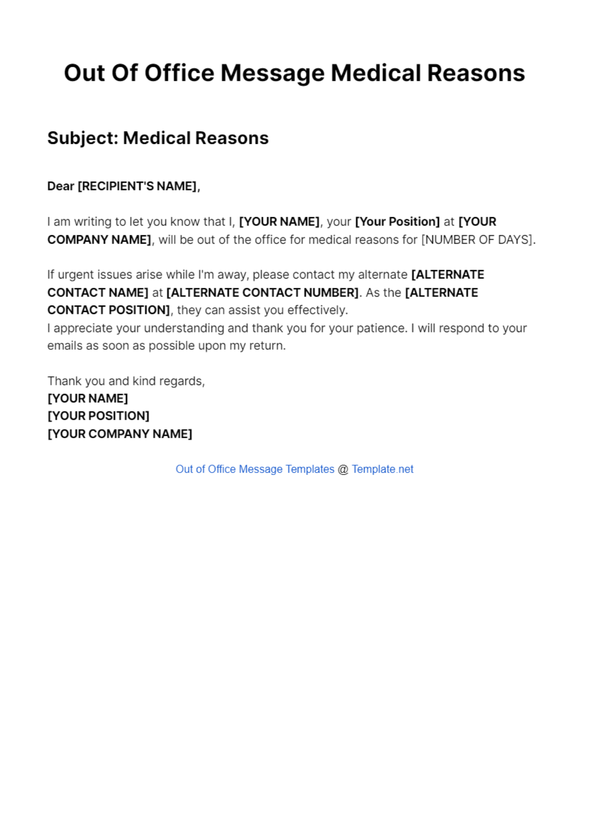 Out Of Office Message Medical Reasons Template