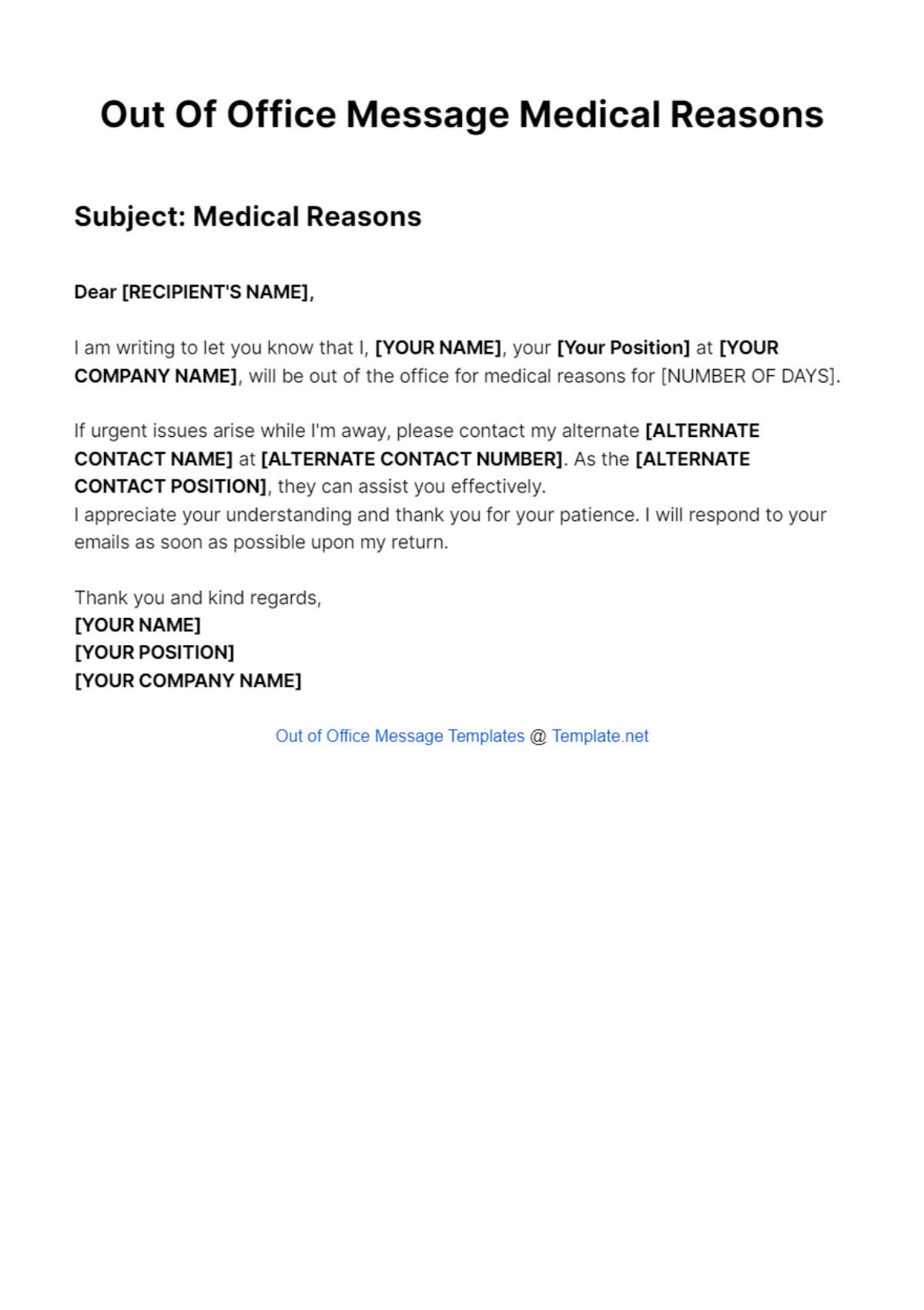 Free Out Of Office Message Medical Reasons Template to Edit Online