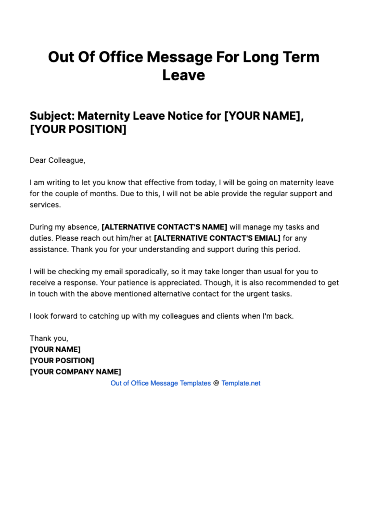 Out Of Office Message For Long Term Leave Template