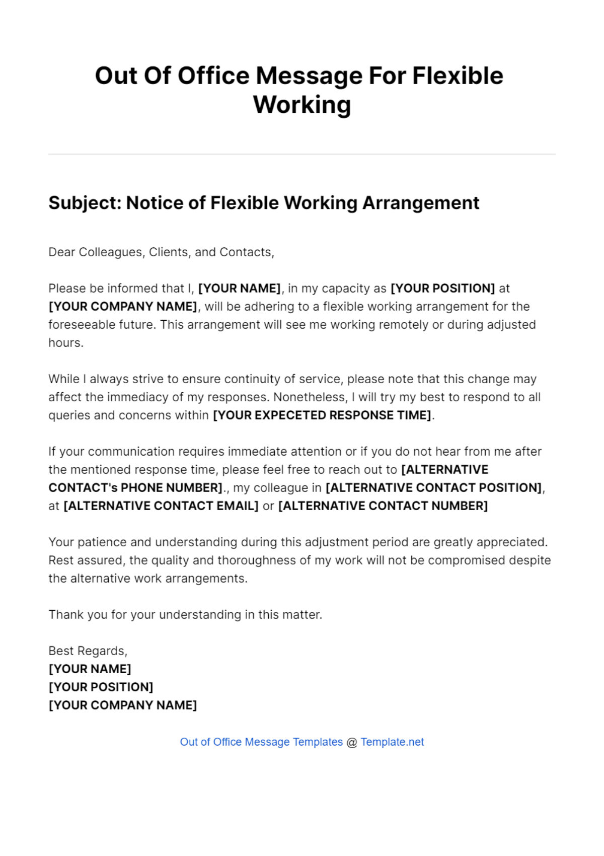 Out Of Office Message For Flexible Working Template