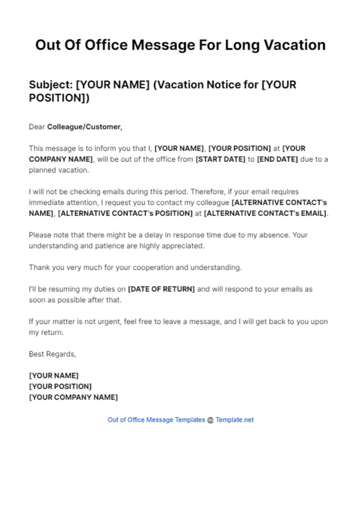 Out Of Office Message For Long Vacation Template