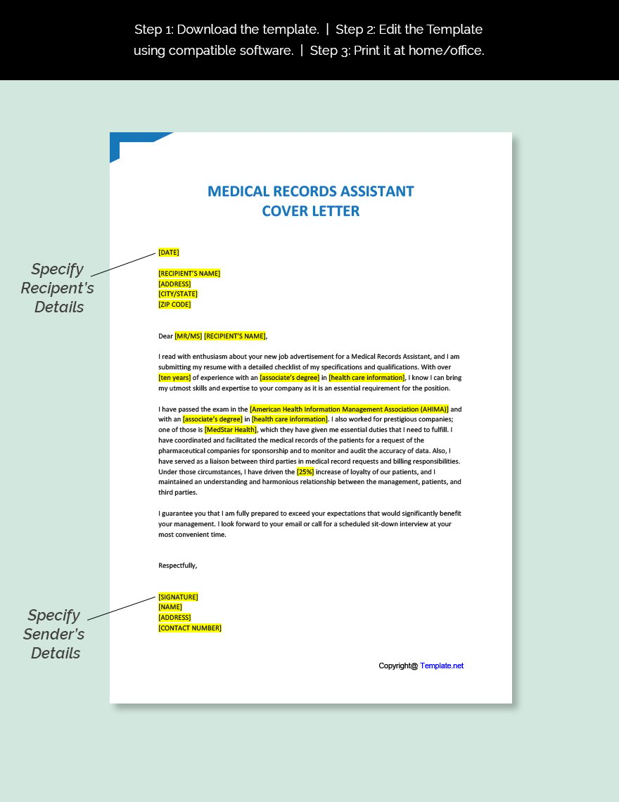 Medical Records Assistant Cover Letter Template