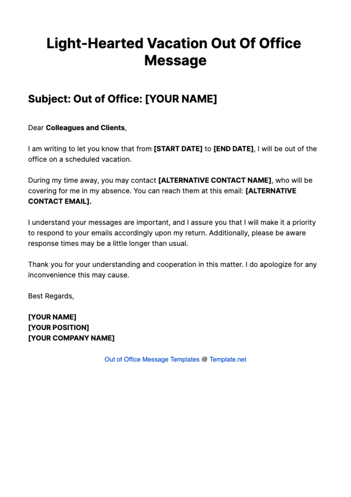 Light-Hearted Vacation Out Of Office Message Template