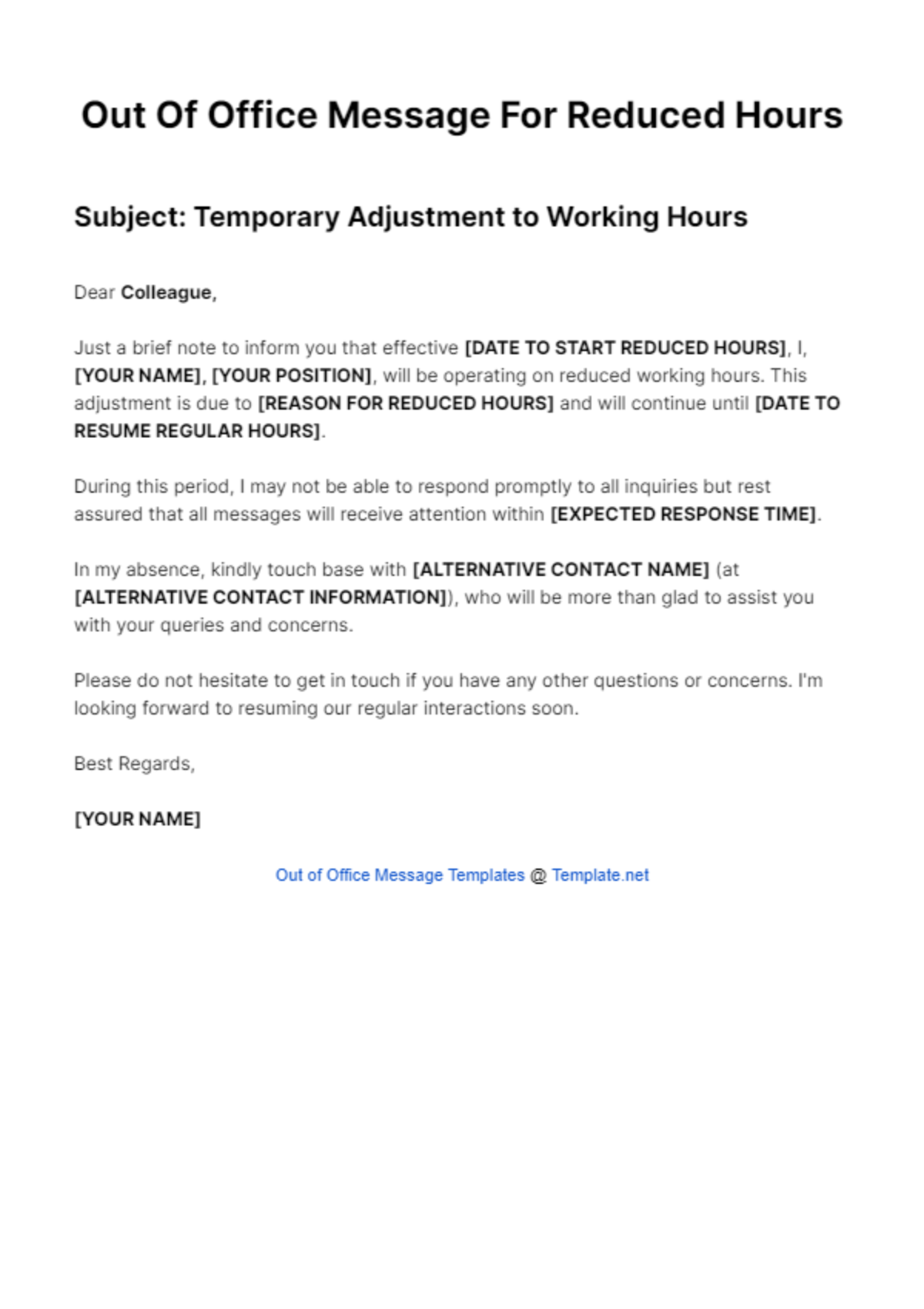 Out Of Office Message For Reduced Hours Template