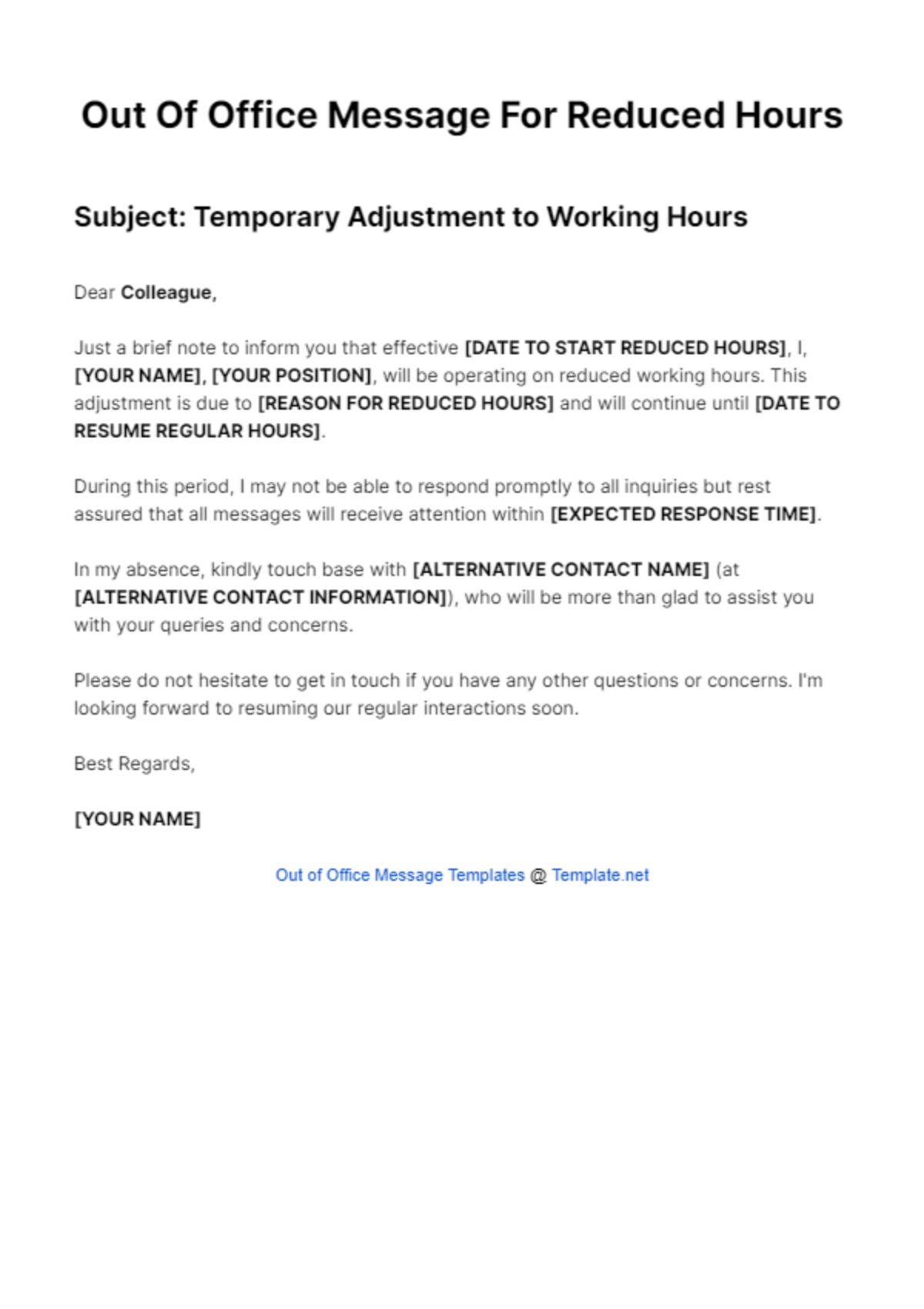 Out Of Office Message For Reduced Hours Template - Edit Online & Download