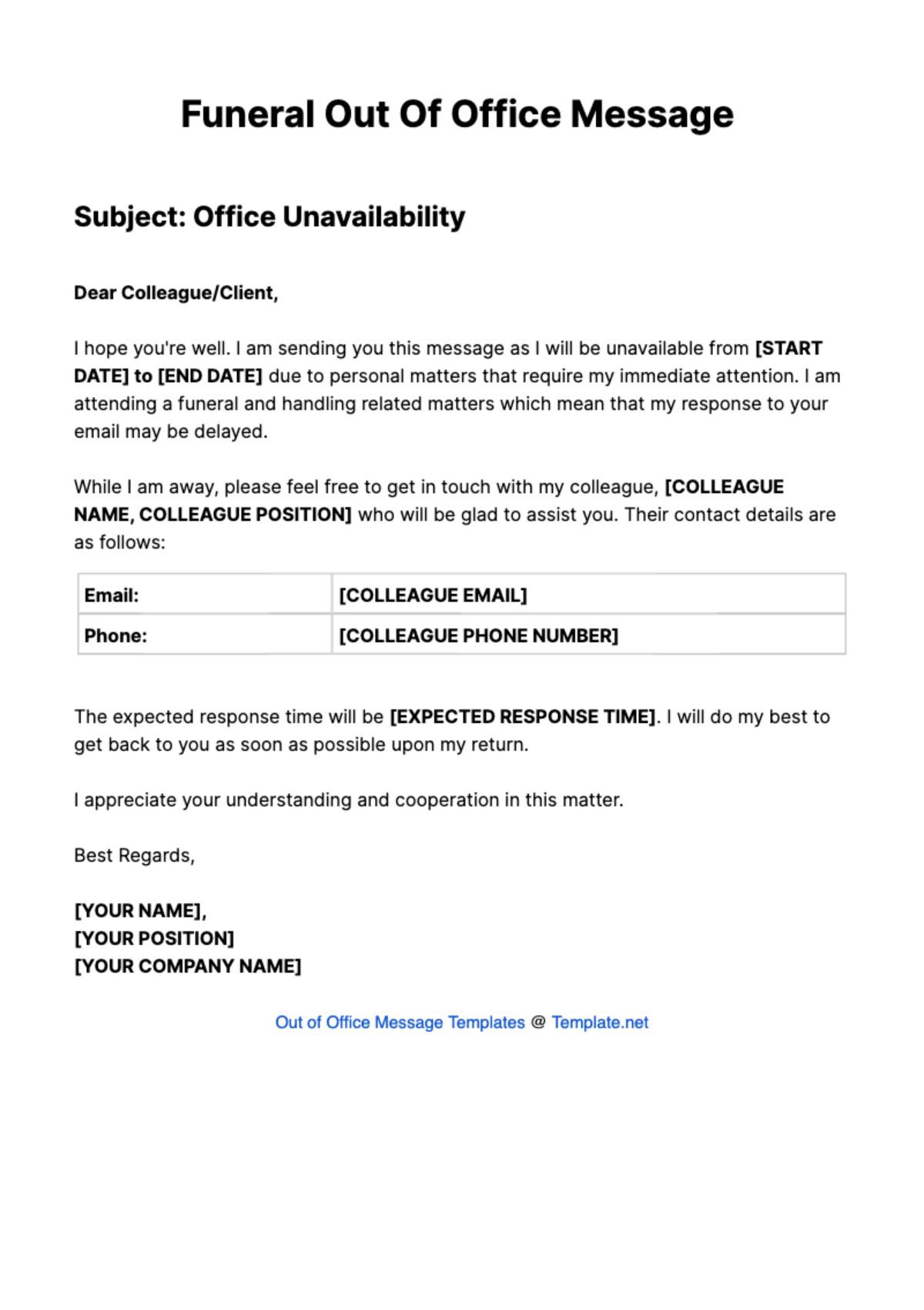 Funeral Out Of Office Message Template
