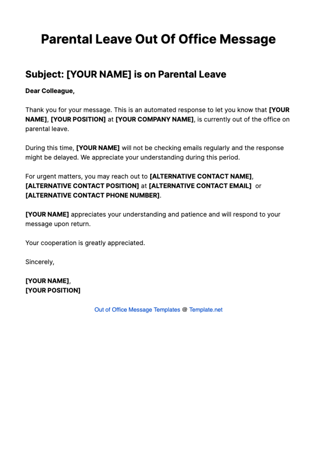 Parental Leave Out Of Office Message Template