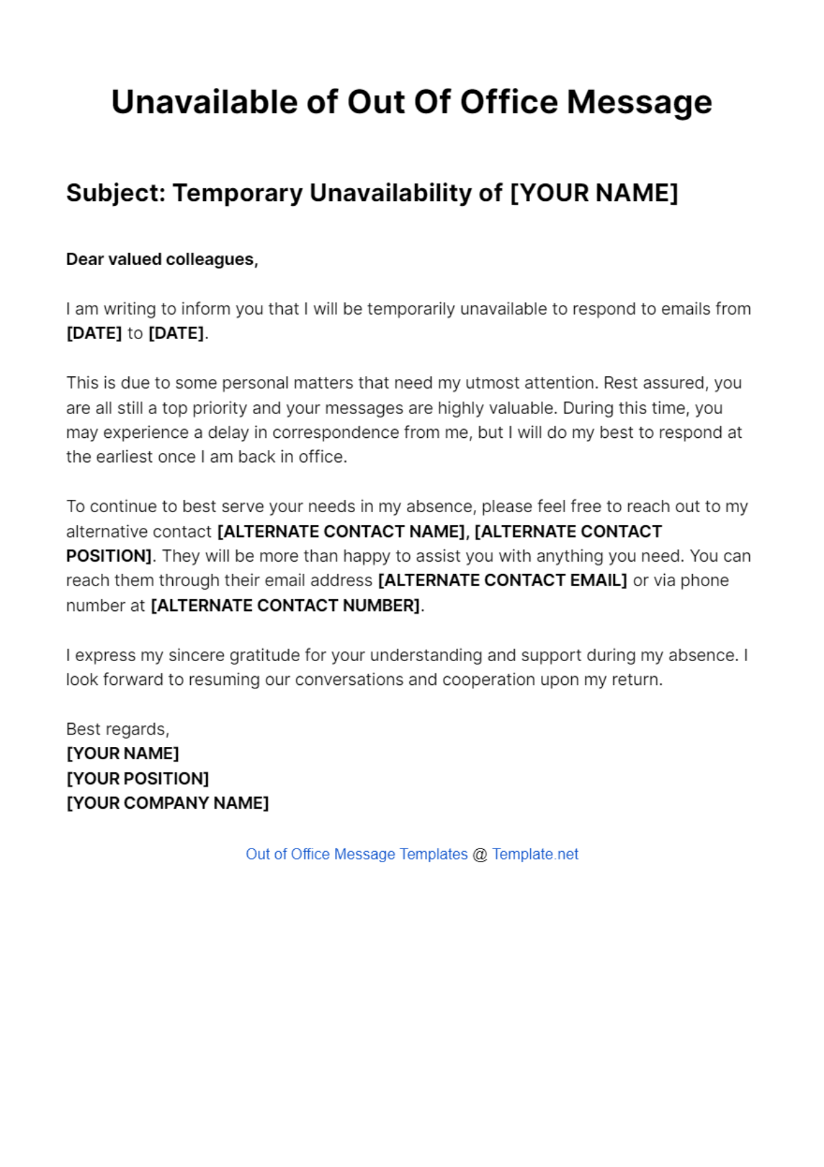 Unavailable of Out Of Office Message Template