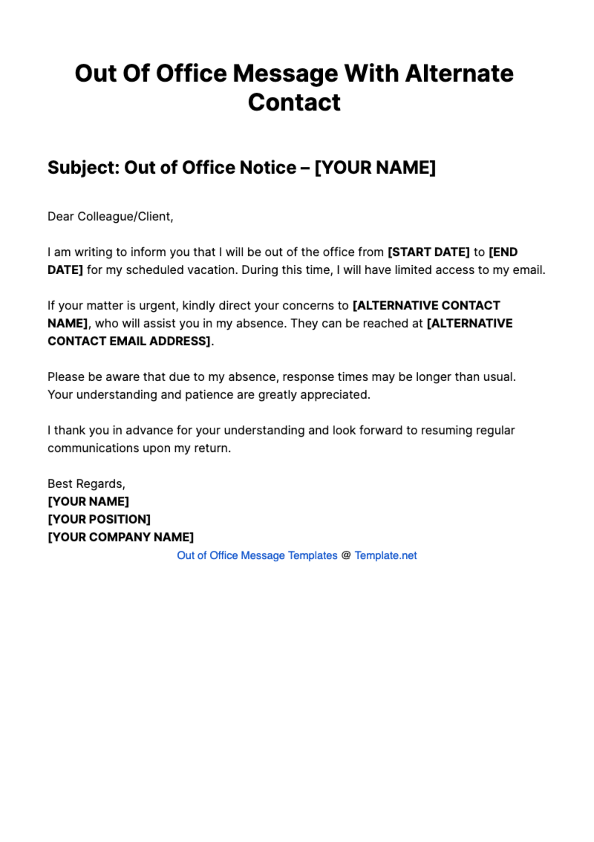 Out Of Office Message With Alternate Contact Template